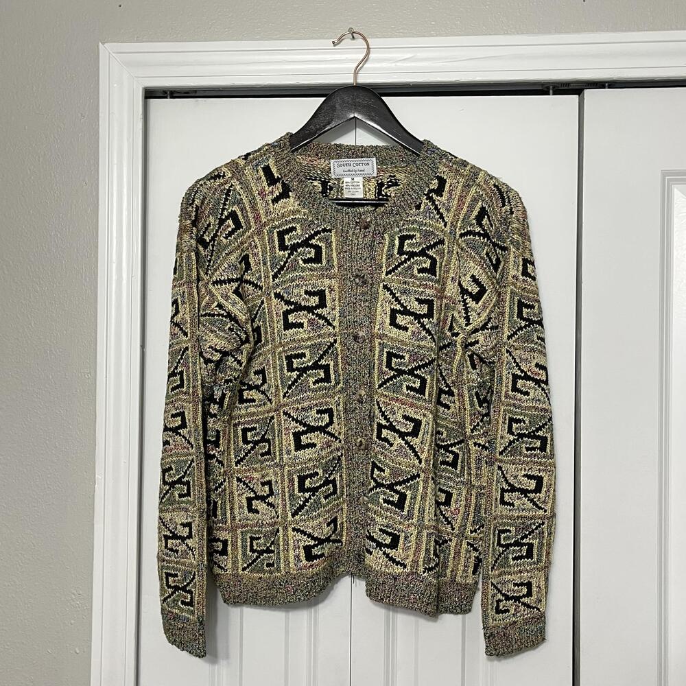 Vintage Peruvian South Cotton Hand Knit Chunky Folk Art Cardigan Sweater Bolivia